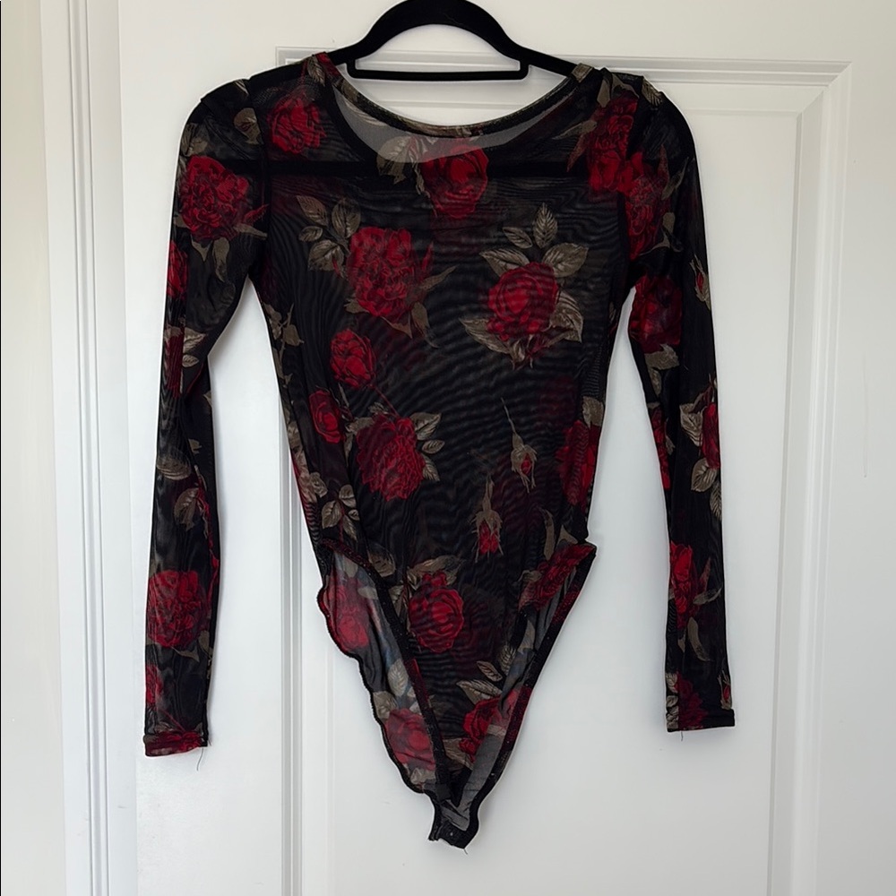 Floral Mesh Bodysuit - Black and Red